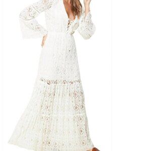 Hale Bob Lace up Boho Maxi Dress white/Ivory Medium